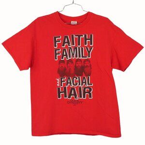 Duck Dynasty Large Red T-Shirt Faith Family & Facial Hair Graphic Gildan EUC